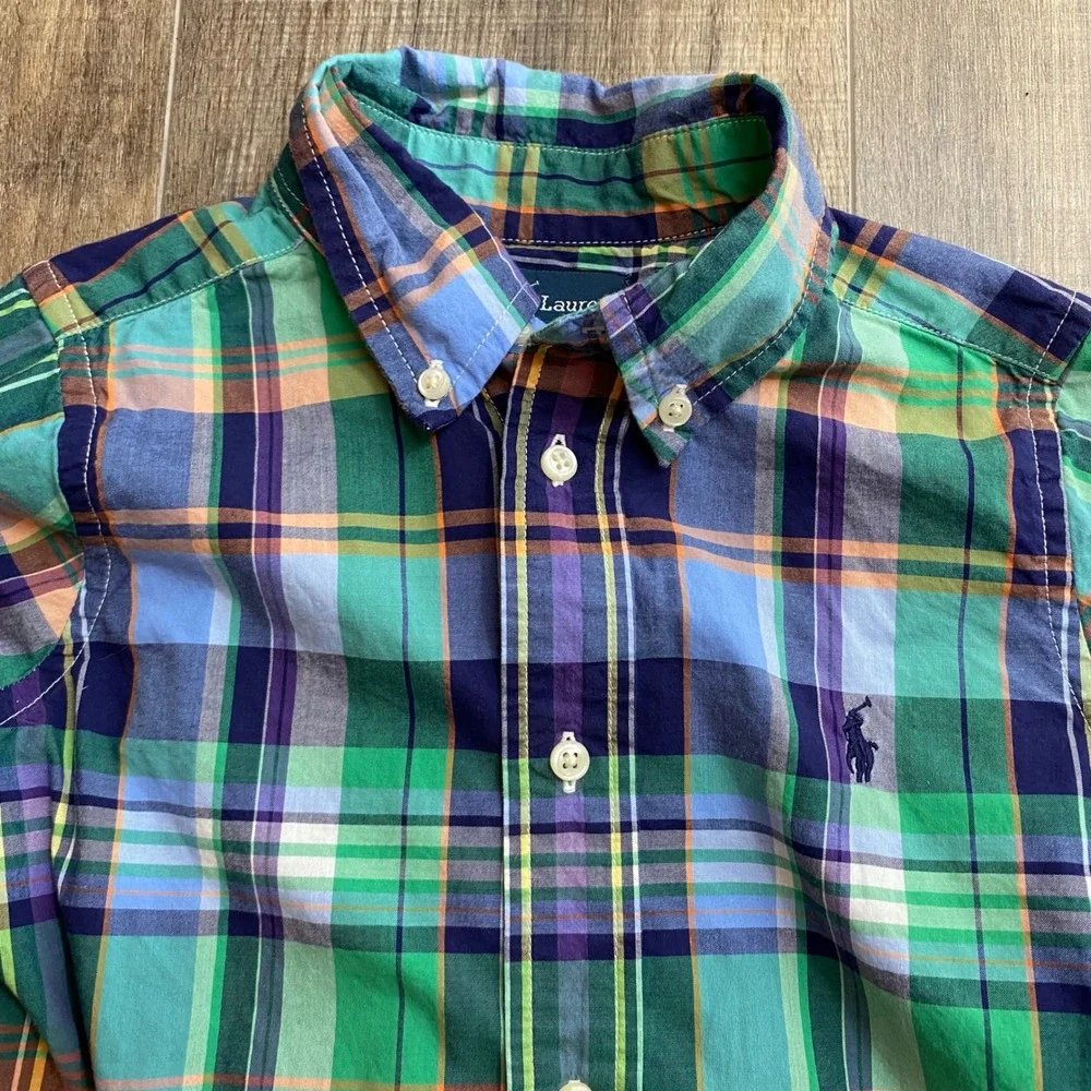 Ralph Lauren Boys Green Blue Plaid Long Sleeve Button Down Shirt Size 4 Toddler